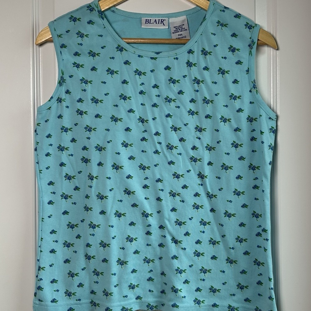 Blair Vintage Cotton Aqua Ditsy Floral Sleeveless Tank Top Coastal Grandma Style